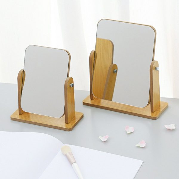 Simple wooden makeup mirror desktop folding makeup mirror rotating desktop makeup mirror high-definition makeup mirror portable mirror angle adjustable square mirror beauty mirror