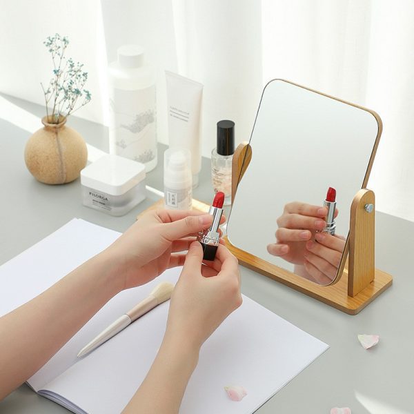 Simple wooden makeup mirror desktop folding makeup mirror rotating desktop makeup mirror high-definition makeup mirror portable mirror angle adjustable square mirror beauty mirror