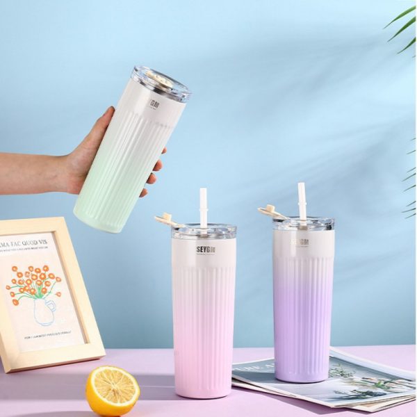 304 stainless steel thermos cup cold cup fashion straw cup simple water cup portable car office coffee cup vacuum cup 500ml (17oz) thermos straw cup