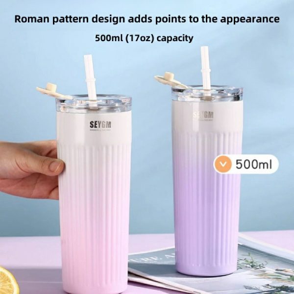 304 stainless steel thermos cup cold cup fashion straw cup simple water cup portable car office coffee cup vacuum cup 500ml (17oz) thermos straw cup