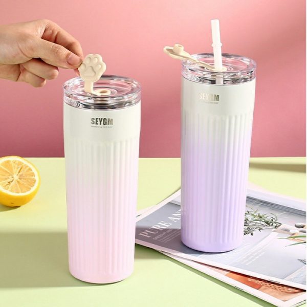 304 stainless steel thermos cup cold cup fashion straw cup simple water cup portable car office coffee cup vacuum cup 500ml (17oz) thermos straw cup
