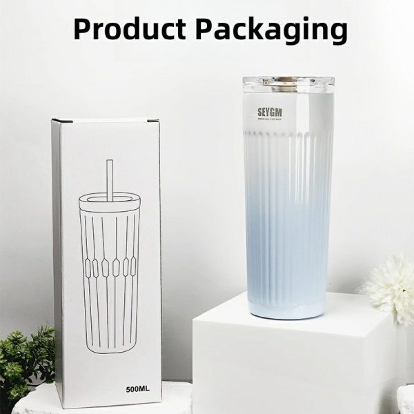 304 stainless steel thermos cup cold cup fashion straw cup simple water cup portable car office coffee cup vacuum cup 500ml (17oz) thermos straw cup