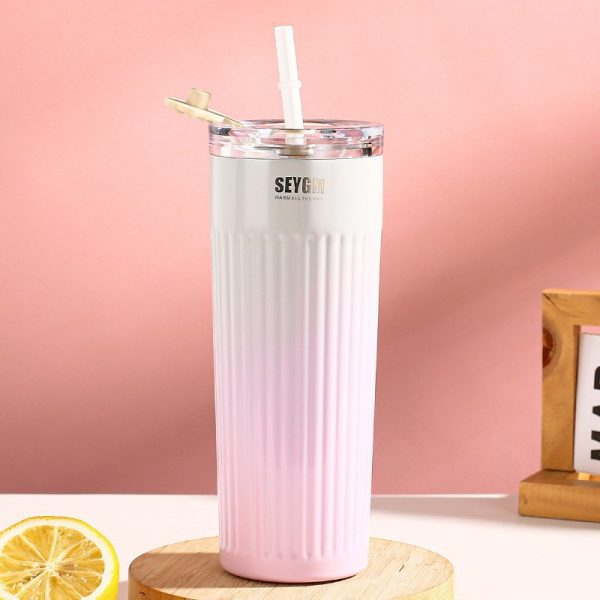304 stainless steel thermos cup cold cup fashion straw cup simple water cup portable car office coffee cup vacuum cup 500ml (17oz) thermos straw cup