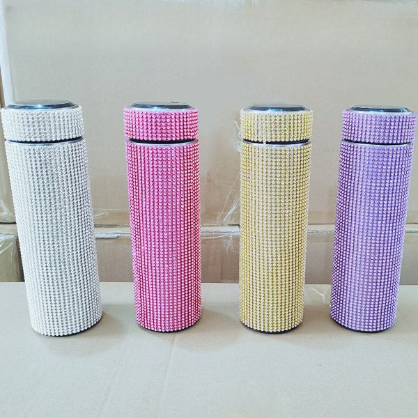 Thermos Cup Cold Cup Diamond 500ml (17oz) Stainless Steel Straight Thermos Cup Smart Thermos Cup Straight Cup LED Temperature Display Water Cup Home Office Portable Large Capacity Car Cup With Stainless Steel Filter Vacuum Cup Diamond Stainless Steel Straight Thermos Cup