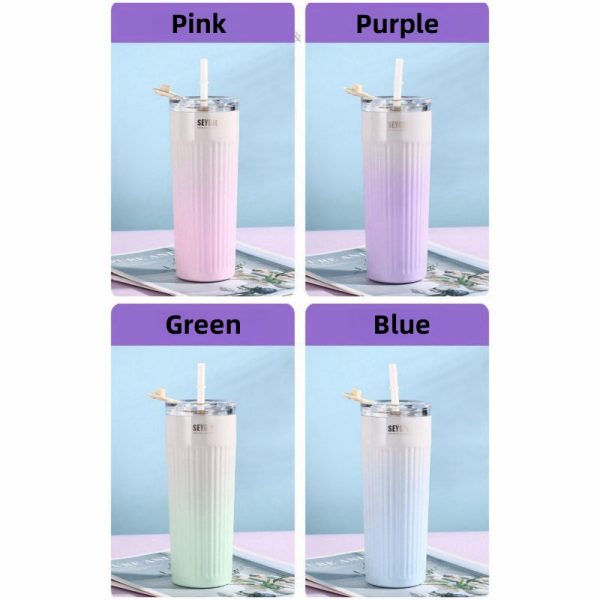 304 stainless steel thermos cup cold cup fashion straw cup simple water cup portable car office coffee cup vacuum cup 500ml (17oz) thermos straw cup