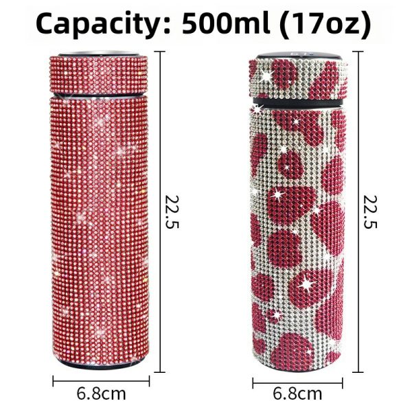 Thermos Cup Cold Cup Diamond 500ml (17oz) Stainless Steel Straight Thermos Cup Smart Thermos Cup Straight Cup LED Temperature Display Water Cup Home Office Portable Large Capacity Car Cup With Stainless Steel Filter Vacuum Cup Diamond Stainless Steel Straight Thermos Cup