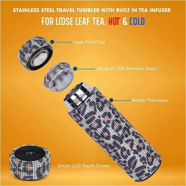 Thermos Cup Cold Cup Diamond 500ml (17oz) Stainless Steel Straight Thermos Cup Smart Thermos Cup Straight Cup LED Temperature Display Water Cup Home Office Portable Large Capacity Car Cup With Stainless Steel Filter Vacuum Cup Diamond Stainless Steel Straight Thermos Cup
