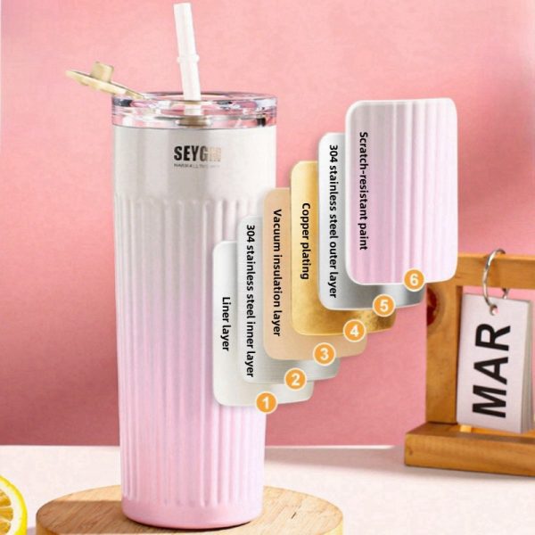 304 stainless steel thermos cup cold cup fashion straw cup simple water cup portable car office coffee cup vacuum cup 500ml (17oz) thermos straw cup