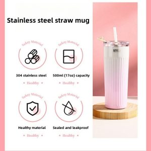 304 stainless steel thermos cup cold cup fashion straw cup simple water cup portable car office coffee cup vacuum cup 500ml (17oz) thermos straw cup