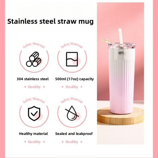 304 stainless steel thermos cup cold cup fashion straw cup simple water cup portable car office coffee cup vacuum cup 500ml (17oz) thermos straw cup
