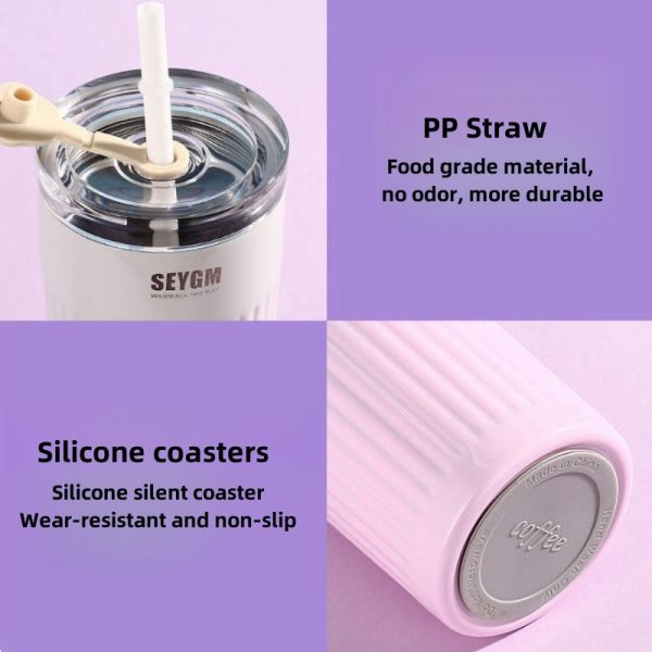 304 stainless steel thermos cup cold cup fashion straw cup simple water cup portable car office coffee cup vacuum cup 500ml (17oz) thermos straw cup