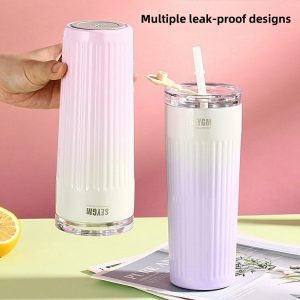 304 stainless steel thermos cup cold cup fashion straw cup simple water cup portable car office coffee cup vacuum cup 500ml (17oz) thermos straw cup