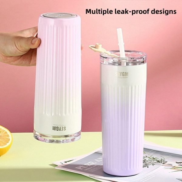 304 stainless steel thermos cup cold cup fashion straw cup simple water cup portable car office coffee cup vacuum cup 500ml (17oz) thermos straw cup