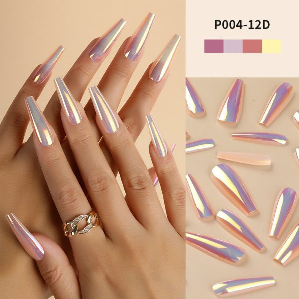 Magic mirror aurora laser long T nail flash wear nail nail nail piece long wear nail medium length T nail fake nail piece finished nail piece
