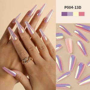 Magic mirror aurora laser long T nail flash wear nail nail nail piece long wear nail medium length T nail fake nail piece finished nail piece