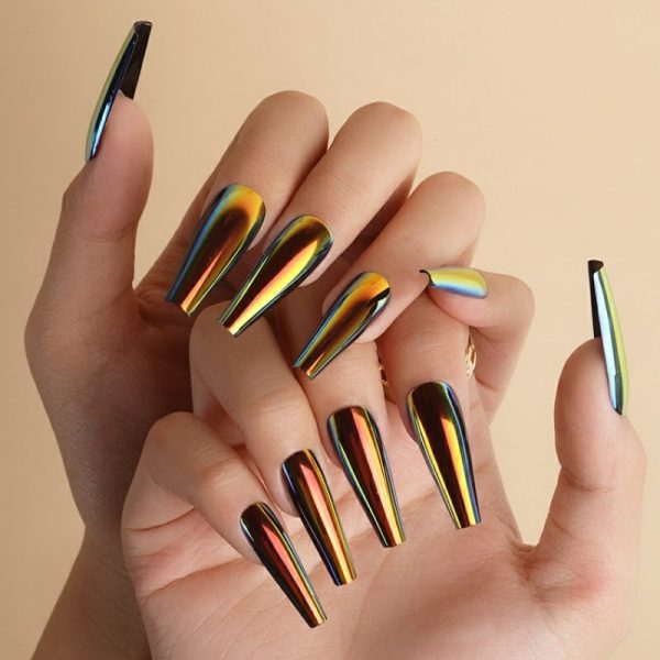 Magic mirror aurora laser long T nail flash wear nail nail nail piece long wear nail medium length T nail fake nail piece finished nail piece