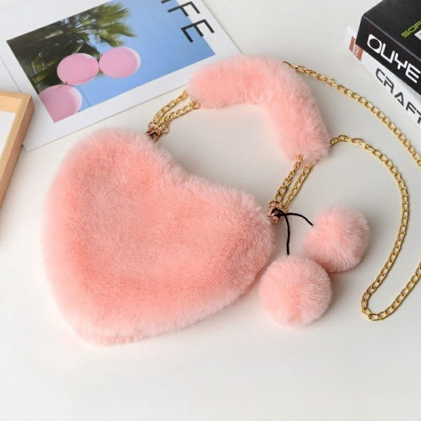 Fashion plush heart-shaped handbag for women, can be worn cross-body or in hand, peach heart coin purse