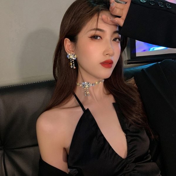 Butterfly necklace earrings artificial crystal diamond bow necklace short tassel earrings high-end collar accessories