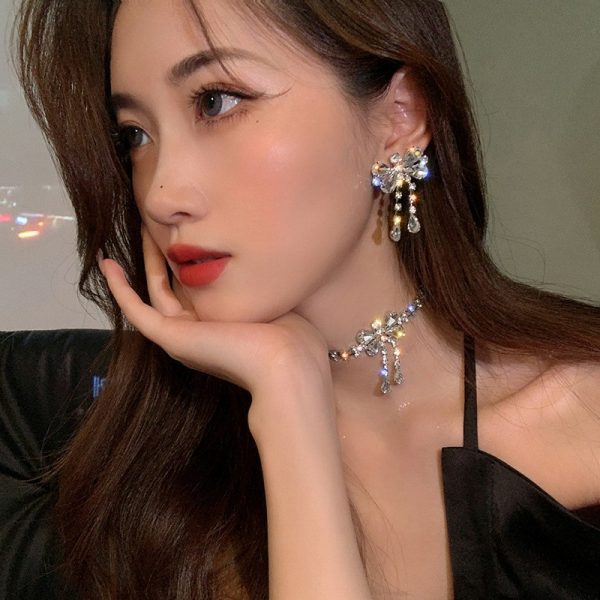 Butterfly necklace earrings artificial crystal diamond bow necklace short tassel earrings high-end collar accessories