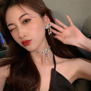 Butterfly necklace earrings artificial crystal diamond bow necklace short tassel earrings high-end collar accessories