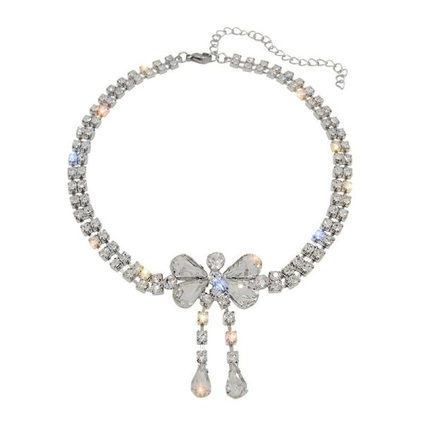 Butterfly necklace earrings artificial crystal diamond bow necklace short tassel earrings high-end collar accessories