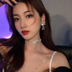 Butterfly necklace earrings artificial crystal diamond bow necklace short tassel earrings high-end collar accessories