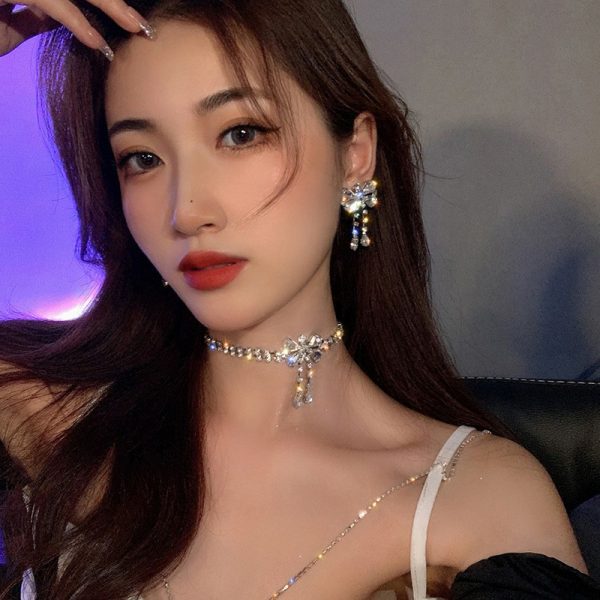 Butterfly necklace earrings artificial crystal diamond bow necklace short tassel earrings high-end collar accessories