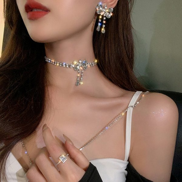 Butterfly necklace earrings artificial crystal diamond bow necklace short tassel earrings high-end collar accessories