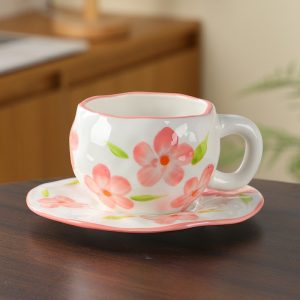 Handmade creative ceramic cup and saucer set Irregular hand-painted love cute mug flower water cup capacity 300ml high temperature firing 34 patterns can be chosen for coffee, tea, cocoa, a variety of hot and cold drinks Free cat claw spoon and cat claw colander