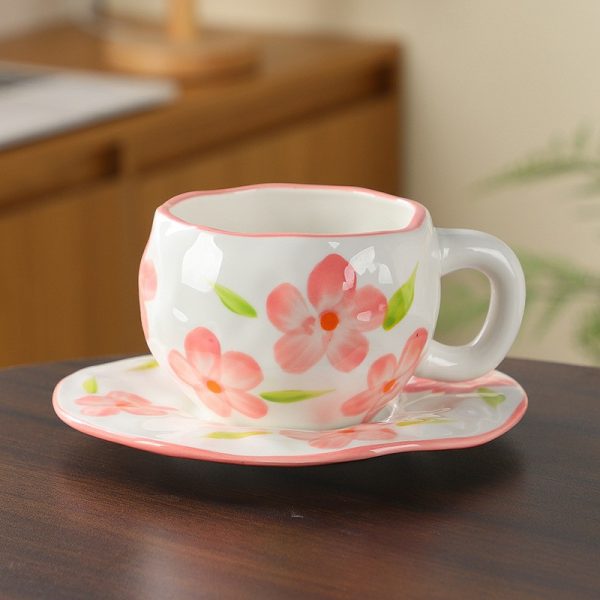 Handmade creative ceramic cup and saucer set Irregular hand-painted love cute mug flower water cup capacity 300ml high temperature firing 34 patterns can be chosen for coffee, tea, cocoa, a variety of hot and cold drinks Free cat claw spoon and cat claw colander