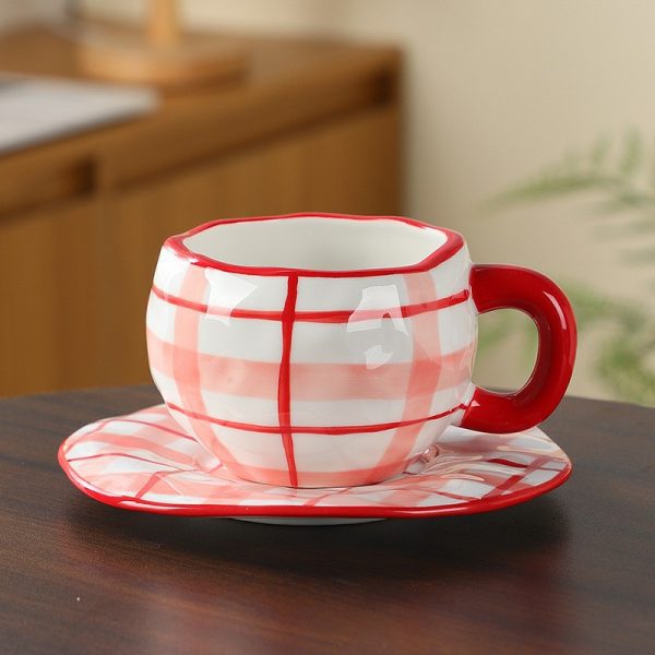 Handmade creative ceramic cup and saucer set Irregular hand-painted love cute mug flower water cup capacity 300ml high temperature firing 34 patterns can be chosen for coffee, tea, cocoa, a variety of hot and cold drinks Free cat claw spoon and cat claw colander