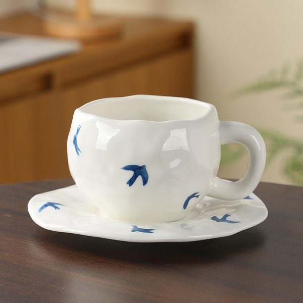 Handmade creative ceramic cup and saucer set Irregular hand-painted love cute mug flower water cup capacity 300ml high temperature firing 34 patterns can be chosen for coffee, tea, cocoa, a variety of hot and cold drinks Free cat claw spoon and cat claw colander