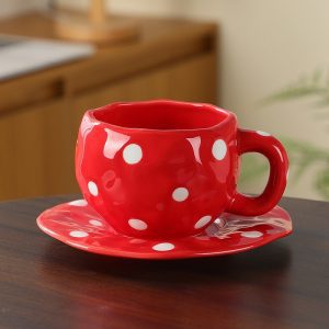 Handmade creative ceramic cup and saucer set Irregular hand-painted love cute mug flower water cup capacity 300ml high temperature firing 34 patterns can be chosen for coffee, tea, cocoa, a variety of hot and cold drinks Free cat claw spoon and cat claw colander