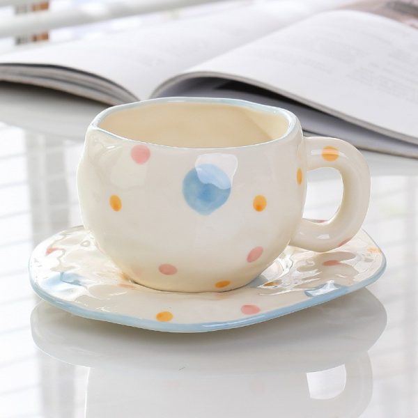 Handmade creative ceramic cup and saucer set Irregular hand-painted love cute mug flower water cup capacity 300ml high temperature firing 34 patterns can be chosen for coffee, tea, cocoa, a variety of hot and cold drinks Free cat claw spoon and cat claw colander