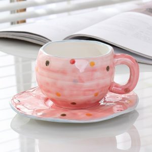 Handmade creative ceramic cup and saucer set Irregular hand-painted love cute mug flower water cup capacity 300ml high temperature firing 34 patterns can be chosen for coffee, tea, cocoa, a variety of hot and cold drinks Free cat claw spoon and cat claw colander