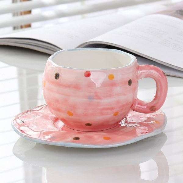 Handmade creative ceramic cup and saucer set Irregular hand-painted love cute mug flower water cup capacity 300ml high temperature firing 34 patterns can be chosen for coffee, tea, cocoa, a variety of hot and cold drinks Free cat claw spoon and cat claw colander