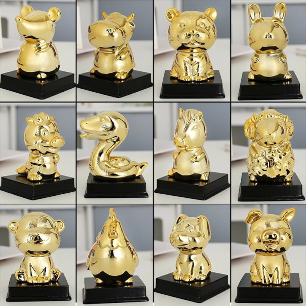Golden zodiac fortune-attracting small ornaments handmade clay ceramic ornaments mouse bull tiger rabbit dragon snake horse sheep monkey rooster dog pig clay ceramic crafts symbol of wealth and good luck