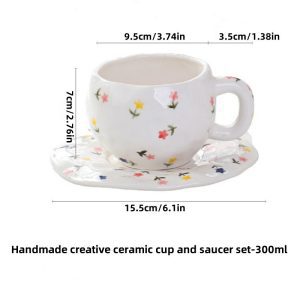 Handmade creative ceramic cup and saucer set Irregular hand-painted love cute mug flower water cup capacity 300ml high temperature firing 34 patterns can be chosen for coffee, tea, cocoa, a variety of hot and cold drinks Free cat claw spoon and cat claw colander