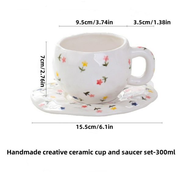 Handmade creative ceramic cup and saucer set Irregular hand-painted love cute mug flower water cup capacity 300ml high temperature firing 34 patterns can be chosen for coffee, tea, cocoa, a variety of hot and cold drinks Free cat claw spoon and cat claw colander
