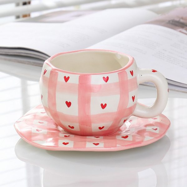 Handmade creative ceramic cup and saucer set Irregular hand-painted love cute mug flower water cup capacity 300ml high temperature firing 34 patterns can be chosen for coffee, tea, cocoa, a variety of hot and cold drinks Free cat claw spoon and cat claw colander