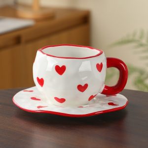 Handmade creative ceramic cup and saucer set Irregular hand-painted love cute mug flower water cup capacity 300ml high temperature firing 34 patterns can be chosen for coffee, tea, cocoa, a variety of hot and cold drinks Free cat claw spoon and cat claw colander