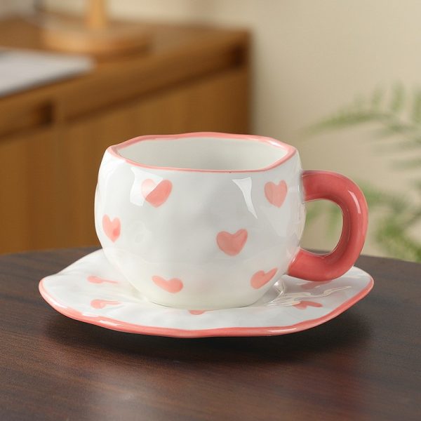 Handmade creative ceramic cup and saucer set Irregular hand-painted love cute mug flower water cup capacity 300ml high temperature firing 34 patterns can be chosen for coffee, tea, cocoa, a variety of hot and cold drinks Free cat claw spoon and cat claw colander
