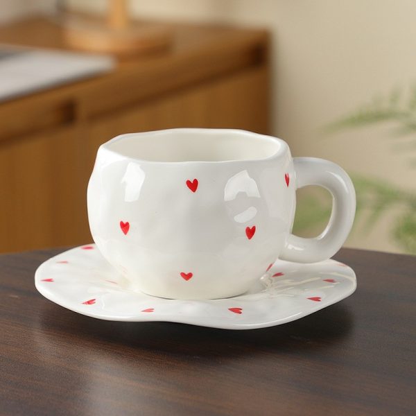 Handmade creative ceramic cup and saucer set Irregular hand-painted love cute mug flower water cup capacity 300ml high temperature firing 34 patterns can be chosen for coffee, tea, cocoa, a variety of hot and cold drinks Free cat claw spoon and cat claw colander